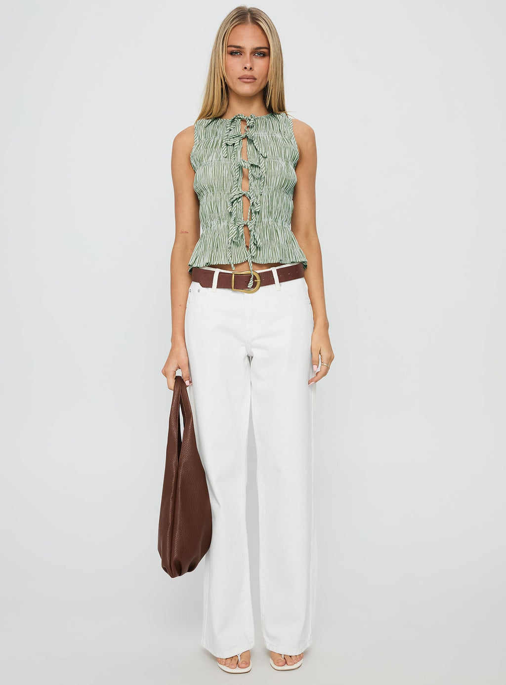 Apero Shirred Tie Front Top Green / White Stripe